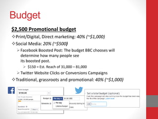 Budget
$2,500 Promotional budget
Print/Digital, Direct marketing: 40% (~$1,000)
Social Media: 20% (~$500)
Facebook Boosted Post: The budget BBC chooses will
determine how many people see
its boosted post.
 $150 = Est. Reach of 31,000 – 81,000
Twitter Website Clicks or Conversions Campaigns
Traditional, grassroots and promotional: 40% (~$1,000)
 