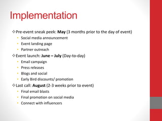Implementation
Pre-event sneak peek: May (3 months prior to the day of event)
• Social media announcement
• Event landing page
• Partner outreach
Event launch: June – July (Day-to-day)
• Email campaign
• Press releases
• Blogs and social
• Early Bird discounts/ promotion
Last call: August (2-3 weeks prior to event)
• Final email blasts
• Final promotion on social media
• Connect with influencers
 