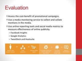 Evaluation
Assess the cost-benefit of promotional campaigns.
Use a media monitoring service to collect and collate
mentions in the media.
Use online reporting tools and social media metrics to
measure effectiveness of online publicity.
Facebook Insights
Google Analytics
TweetDeck and Hootsuite
 