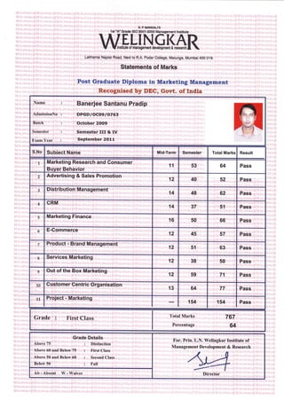 't st'A' Grad6 ISO 9OO1.2OOO Management tnstituto
wp.,kl,hl.s_K,.aR
Lakhamsi Napoo Boad, Next to R.A. Podar College, Matunga, Mumbai 4OO 01 9.
Statements of Marks
Post Graduate Diploma in Marketing Management
Recognised by DEC, Govt. of India
Name
AdmissionNo
Batch
Semestcr
Exarn Year
Banerjee Santanu Pradip
DPGD/OCOg 10763
October 2OO9
Semester III & IV
September 2O11
S.No Subiect Name Mid-Term Semester Total Marks Result
1 Marketing Research and Consumer
Buyer Behavior
11 53 64 Pass
2 Advertising & Sales Promotion
12 40 52 Pass
J Distribution Management
14 48 62 Pass
4 CRM
14 37 51 Pass
5 Marketing Finance
16 50 66 Pass
6 E-Commerce
12 45 57 Pass
7 Product - Brand Management
12 51 63 Pass
8 Services Marketing
12 38 50 Pass
9 Out of the Box Marketing
12 59 71 Pass
10 Customer Centric Organisation
13 64 77 Pass
11 Project - Marketing
154 1s4 Pass
Grade : First Class Total Marks 767
Percentage 64
Grade Details
For. Prin. L.N. Welingkar Institute of
Management Development & Research
Above 75 :
Above 60 and Below 75 :
Above 50 and Below 60 :
Below 50 :
Distinction
First Class
Second Class
Fail
Ab-Absent W-Waiver
 