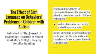 The Effect of Sign
Language on Behavioral
Problems in Children with
Autism
Published by The Journal of
Psychology Research at Mount
Saint Mary College, 2014, by
Jennifer Remling
Discussed how deficits in
communication was the root of the
behavior problems seen in children
with autism.
● such as tantrums, screaming,
and self injurious acts.
For ex: one client described how he
would pull out his hair and eat it
when he could not express himself
to his mother.
 