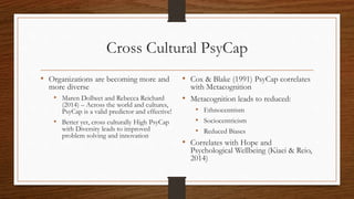 Cross Cultural PsyCap
• Organizations are becoming more and
more diverse
• Maren Dollwet and Rebecca Reichard
(2014) – Across the world and cultures,
PsyCap is a valid predictor and effective!
• Better yet, cross culturally High PsyCap
with Diversity leads to improved
problem solving and innovation
• Cox & Blake (1991) PsyCap correlates
with Metacognition
• Metacognition leads to reduced:
• Ethnocentrism
• Sociocentricism
• Reduced Biases
• Correlates with Hope and
Psychological Wellbeing (Kiaei & Reio,
2014)
 