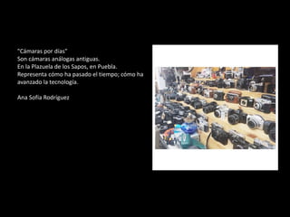 "Cámaras por días"
Son cámaras análogas antiguas.
En la Plazuela de los Sapos, en Puebla.
Representa cómo ha pasado el tiempo; cómo ha
avanzado la tecnología.
Ana Sofía Rodríguez
 