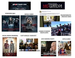  
CAST	
  GOOGLE+	
  HANGOUT	
  SOCIAL	
  MEDIA	
  PREMIERE	
  
SCREENING	
  Q&A	
  
SOCIAL	
  CARDS	
  
TRANSFORMATION	
  
PROCESS	
  VIDEO	
  
YANKEE	
  STADIUM	
  
PHOTO	
  OPPS	
  
LIVE	
  VIEWING	
  PARTY	
   APPS/GAMES	
  
 