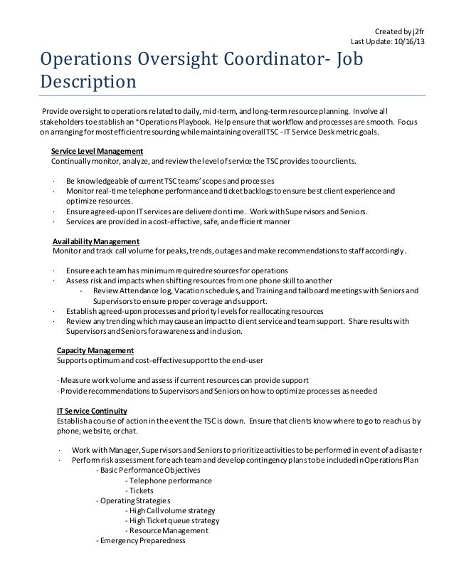 Operations Oversight Coordinator Job Description