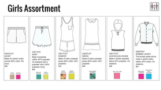 Girls Assortment
G4037COT
SHORT
Made of a stretch cotton
canvas (92% cotton, 8%
lycra).
$38
G3017CHI
SKIRT
Made of polyester
chiffon (97% polyester,
3% elastane) with a
polyester tricot (100%
polyester) lining.
$48
G5017COT
ROMPER
Made of cotton polyester
jersey (60% cotton, 40%
polyester).
$40
G5027COT
DRESS
Made of cotton polyester
jersey (60% cotton, 40%
polyester.
$49
G6017COT
SLEEVELESS HOODIE
Made in stretch polyester
fleece (97% polyester, 3%
elastane).
$48
G6027SAT
BOMBER JACKET
The bomber jacket will be
made in stretch cotton
sateen (97% cotton, 3%
elastane).
$81
 