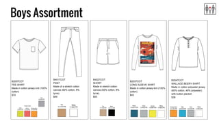 Boys Assortment
B2007COT
TEE-SHIRT
Made in cotton jersey knit (100%
cotton)
$33
B4017COT
PANT
Made of a stretch cotton
canvas (92% cotton, 8%
lycra).
$49
B4027COT
SHORT
Made in stretch cotton
canvas (92% cotton, 8%
lycra).
$43
B2037COT
LONG SLEEVE SHIRT
Made in cotton jersey knit (100%
cotton)
$43
B2047COT
WALLACE BEERY SHIRT
Made in cotton polyester jersey
(60% cotton, 40% polyester)
with button placket.
$38
 