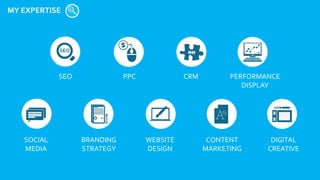 MY EXPERTISE
SEO PPC CRM PERFORMANCE
DISPLAY
SOCIAL
MEDIA
BRANDING
STRATEGY
WEBSITE
DESIGN
CONTENT
MARKETING
DIGITAL
CREATIVE
 