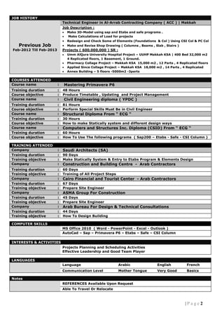2| P a g e
JOB HISTORY
Previous Job
Feb-2012 Till Feb-2013
Technical Engineer in Al-Arrab Contracting Company ( ACC ) | Makkah
Job Description :
 Make 3D-Model using sap and Etabs and safe programs .
 Make Calculations of Load for projects
 Redesign and Check Some of Elements (Foundations & Col ) Using CSI Col & PC Col
 Make and Revise Shop Drawing ( Columns , Beams , Slab , Stairs )
Projects ( 600,000,000 ) SR :
 Umm AlQura University Hospital Project – UUHP Makkah KSA | 400 Bed 32,000 m2
4 Replicated floors, 1 Basement, 1 Ground.
 Pharmacy Collage Project – Makkah KSA 15,000 m2 , 12 Parts , 4 Replicated floors
 Applied Since Collage Project – Makkah KSA 18,000 m2 , 14 Parts , 4 Replicated
 Annex Building – 5 floors -5000m2 -3parts
COMPUTER SKILLS
MS Office 2010 ( Word - PowerPoint - Excel - Outlook )
AutoCad – Sap – Primavera P6 – Etabs – Safe – CSI Column
INTERESTS & ACTIVITIES
Projects Planning and Scheduling Activities
Effective Leadership and Good Team Player
LANGUAGES
Language Arabic English French
Communication Level Mother Tongue Very Good Basics
Notes
REFERENCES Available Upon Request
Able To Travel Or Relocate
COURSES ATTENDED
Course name : Mastering Primavera P6
Training duration : 48 Hours
Course objective : Produce Timetable , Updating and Project Management
Course name : Civil Engineering diploma ( YPDC )
Training duration : 81 Hours
Course objective : Perform Special Skills Must Be in Civil Engineer
Course name : Structural Diploma From “ ECG “
Training duration : 30 Hours
Course objective : How to make Statically system and different design ways
Course name : Computers and Structures Inc. Diploma (CSID) From “ ECG “
Training duration : 60 Hours
Course objective : How To Use The following programs ( Sap200 – Etabs - Safe - CSI Column )
TRAINING ATTENDED
Company : Saudi Architects (SA)
Training duration : 90 Days
Training objective : Make Statically System & Entry to Etabs Program & Elements Design
Company : Construction and Building Centre - Arab Contractors
Training duration : 60 Days
Training objective : Training of All Project Steps
Company : Cairo Financial and Tourist Center - Arab Contractors
Training duration : 67 Days
Training objective : Prepare Site Engineer
Company : ASMA Group For Construction
Training duration : 45 Days
Training objective : Prepare Site Engineer
Company : Arab Bureau For Design & Technical Consultations
Training duration : 44 Days
Training objective : How To Design Building
 