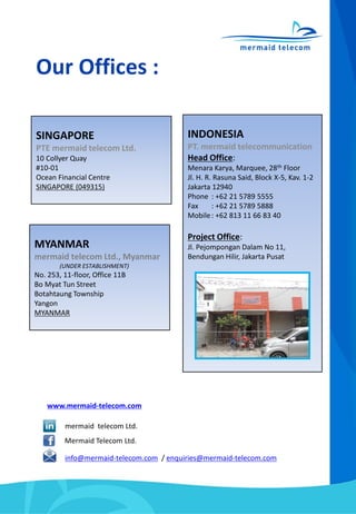 Our Offices :
SINGAPORE
PTE mermaid telecom Ltd.
10 Collyer Quay
#10-01
Ocean Financial Centre
SINGAPORE (049315)
MYANMAR
mermaid telecom Ltd., Myanmar
(UNDER ESTABLISHMENT)
No. 253, 11-floor, Office 11B
Bo Myat Tun Street
Botahtaung Township
Yangon
MYANMAR
INDONESIA
PT. mermaid telecommunication
Head Office:
Menara Karya, Marquee, 28th Floor
Jl. H. R. Rasuna Said, Block X-5, Kav. 1-2
Jakarta 12940
Phone : +62 21 5789 5555
Fax : +62 21 5789 5888
Mobile: +62 813 11 66 83 40
Project Office:
Jl. Pejompongan Dalam No 11,
Bendungan Hilir, Jakarta Pusat
www.mermaid-telecom.com
Mermaid Telecom Ltd.
mermaid telecom Ltd.
info@mermaid-telecom.com / enquiries@mermaid-telecom.com
 