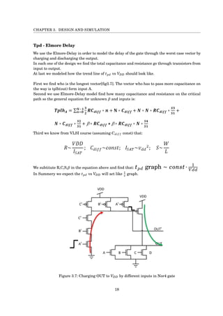 CHAPTER 3. DESIGN AND SIMULATION
Tpd - Elmore Delay
We use the Elmore-Delay in order to model the delay of the gate through the worst case vector by
charging and discharging the output.
In each one of the design we ﬁnd the total capacitance and resistance go through transistors from
input to output.
At last we modeled how the trend line of tpd vs VDD should look like.
First we ﬁnd who is the longest vector[ﬁg3.7]. The vector who has to pass more capacitance on
the way is tplh(out) form input A.
Second we use Elmore-Delay model ﬁnd how many capacitance and resistance on the critical
path so the general equation for unknown β and inputs is:
Third we know from VLSI course (assuming Cdif f const) that:
We subtitute R,C,S,β in the equation above and ﬁnd that: tpd graph ∼ const· 1
V dd
In Summery we expect the tpd vs VDD will act like 1
x graph.
Figure 3.7: Charging OUT to VDD by different inputs in Nor4 gate
18
 