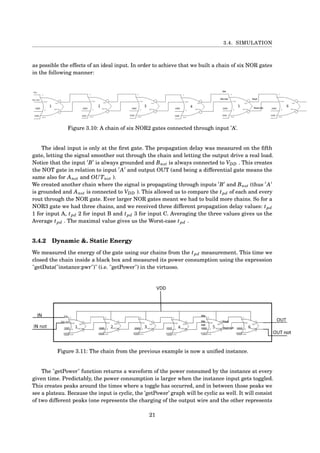 3.4. SIMULATION
as possible the effects of an ideal input. In order to achieve that we built a chain of six NOR gates
in the following manner:
Figure 3.10: A chain of six NOR2 gates connected through input ’A’.
The ideal input is only at the ﬁrst gate. The propagation delay was measured on the ﬁfth
gate, letting the signal smoother out through the chain and letting the output drive a real load.
Notice that the input B is always grounded and Bnot is always connected to VDD . This creates
the NOT gate in relation to input A and output OUT (and being a differential gate means the
same also for Anot and OUTnot ).
We created another chain where the signal is propagating through inputs B and Bnot (thus A
is grounded and Anot is connected to VDD ). This allowed us to compare the tpd of each and every
rout through the NOR gate. Ever larger NOR gates meant we had to build more chains. So for a
NOR3 gate we had three chains, and we received three different propagation delay values: tpd
1 for input A, tpd 2 for input B and tpd 3 for input C. Averaging the three values gives us the
Average tpd . The maximal value gives us the Worst-case tpd .
3.4.2 Dynamic &. Static Energy
We measured the energy of the gate using our chains from the tpd measurement. This time we
closed the chain inside a black box and measured its power consumption using the expression
"getData("instance:pwr")" (i.e. "getPower") in the virtuoso.
Figure 3.11: The chain from the previous example is now a uniﬁed instance.
The "getPower" function returns a waveform of the power consumed by the instance at every
given time. Predictably, the power consumption is larger when the instance input gets toggled.
This creates peaks around the times where a toggle has occurred, and in between those peaks we
see a plateau. Because the input is cyclic, the ’getPower’ graph will be cyclic as well. It will consist
of two different peaks (one represents the charging of the output wire and the other represents
21
 