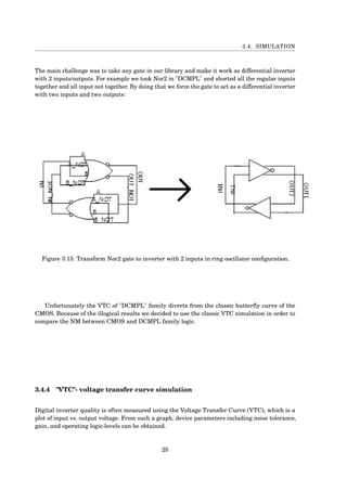 3.4. SIMULATION
The main challenge was to take any gate in our library and make it work as differential inverter
with 2 inputs/outputs. For example we took Nor2 in "DCMPL" and shorted all the regular inputs
together and all input not together. By doing that we force the gate to act as a differential inverter
with two inputs and two outputs:
Figure 3.15: Transform Nor2 gate to inverter with 2 inputs in ring oscillator conﬁguration.
Unfortunately the VTC of "DCMPL" family diverts from the classic butterﬂy curve of the
CMOS. Because of the illogical results we decided to use the classic VTC simulation in order to
compare the NM between CMOS and DCMPL family logic.
3.4.4 "VTC"- voltage transfer curve simulation
Digital inverter quality is often measured using the Voltage Transfer Curve (VTC), which is a
plot of input vs. output voltage. From such a graph, device parameters including noise tolerance,
gain, and operating logic-levels can be obtained.
25
 