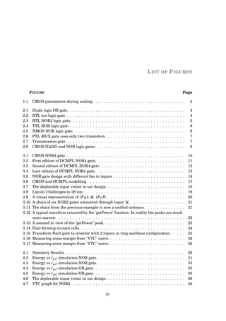LIST OF FIGURES
FIGURE Page
1.1 CMOS parameters during scaling. . . . . . . . . . . . . . . . . . . . . . . . . . . . . . . . 2
2.1 Diode logic OR gate. . . . . . . . . . . . . . . . . . . . . . . . . . . . . . . . . . . . . . . . . 4
2.2 RTL not logic gate. . . . . . . . . . . . . . . . . . . . . . . . . . . . . . . . . . . . . . . . . . 4
2.3 RTL NOR3 logic gate. . . . . . . . . . . . . . . . . . . . . . . . . . . . . . . . . . . . . . . . 5
2.4 TTL NOR logic gate. . . . . . . . . . . . . . . . . . . . . . . . . . . . . . . . . . . . . . . . . 6
2.5 NMOS NOR logic gate. . . . . . . . . . . . . . . . . . . . . . . . . . . . . . . . . . . . . . . 6
2.6 PTL MUX gate uses only two transistors . . . . . . . . . . . . . . . . . . . . . . . . . . . 7
2.7 Transmission gate . . . . . . . . . . . . . . . . . . . . . . . . . . . . . . . . . . . . . . . . . 7
2.8 CMOS NAND and NOR logic gates. . . . . . . . . . . . . . . . . . . . . . . . . . . . . . . 8
3.1 CMOS NOR4 gate. . . . . . . . . . . . . . . . . . . . . . . . . . . . . . . . . . . . . . . . . . 10
3.2 First edition of DCMPL NOR4 gate. . . . . . . . . . . . . . . . . . . . . . . . . . . . . . . 11
3.3 Second edition of DCMPL NOR4 gate. . . . . . . . . . . . . . . . . . . . . . . . . . . . . . 12
3.4 Last edition of DCMPL NOR4 gate. . . . . . . . . . . . . . . . . . . . . . . . . . . . . . . 13
3.5 NOR gate design with different fan in inputs . . . . . . . . . . . . . . . . . . . . . . . . . 14
3.6 CMOS and DCMPL modelling . . . . . . . . . . . . . . . . . . . . . . . . . . . . . . . . . . 17
3.7 The deplorable input vector in our design . . . . . . . . . . . . . . . . . . . . . . . . . . . 18
3.8 Layout Challenges in 28 nm . . . . . . . . . . . . . . . . . . . . . . . . . . . . . . . . . . . 19
3.9 A visual representation of tPHL &. tPLH . . . . . . . . . . . . . . . . . . . . . . . . . . . 20
3.10 A chain of six NOR2 gates connected through input ’A’. . . . . . . . . . . . . . . . . . . 21
3.11 The chain from the previous example is now a uniﬁed instance. . . . . . . . . . . . . . 21
3.12 A typical waveform returned by the ’getPower’ function. In reality the peaks are much
more narrow. . . . . . . . . . . . . . . . . . . . . . . . . . . . . . . . . . . . . . . . . . . . . 22
3.13 A zoomed in view of the ’getPower’ peak. . . . . . . . . . . . . . . . . . . . . . . . . . . . 23
3.14 Hair-forming mutant cells. . . . . . . . . . . . . . . . . . . . . . . . . . . . . . . . . . . . . 24
3.15 Transform Nor2 gate to inverter with 2 inputs in ring oscillator conﬁguration. . . . . 25
3.16 Measuring noise margin from "VTC" curve. . . . . . . . . . . . . . . . . . . . . . . . . . . 26
3.17 Measuring noise margin from "VTC" curve. . . . . . . . . . . . . . . . . . . . . . . . . . . 26
4.1 Summery Results. . . . . . . . . . . . . . . . . . . . . . . . . . . . . . . . . . . . . . . . . . 29
4.2 Energy vs tpd simulation-NOR gate. . . . . . . . . . . . . . . . . . . . . . . . . . . . . . . 31
4.3 Energy vs tpd simulation-NOR gate. . . . . . . . . . . . . . . . . . . . . . . . . . . . . . . 33
4.4 Energy vs tpd simulation-OR gate. . . . . . . . . . . . . . . . . . . . . . . . . . . . . . . . 35
4.5 Energy vs tpd simulation-OR gate. . . . . . . . . . . . . . . . . . . . . . . . . . . . . . . . 38
4.6 The deplorable input vector in our design . . . . . . . . . . . . . . . . . . . . . . . . . . . 39
4.7 VTC graph for NOR3 . . . . . . . . . . . . . . . . . . . . . . . . . . . . . . . . . . . . . . . 40
iii
 