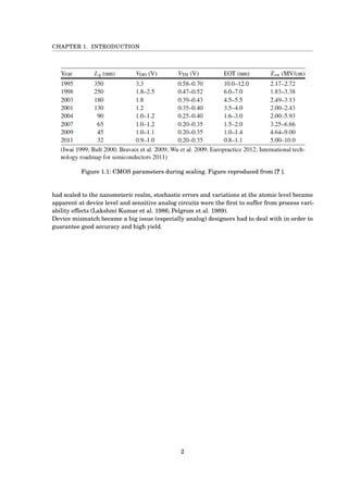 CHAPTER 1. INTRODUCTION
Figure 1.1: CMOS parameters during scaling. Figure reproduced from [? ].
had scaled to the nanometeric realm, stochastic errors and variations at the atomic level became
apparent at device level and sensitive analog circuits were the ﬁrst to suffer from process vari-
ability effects (Lakshmi Kumar et al. 1986; Pelgrom et al. 1989).
Device mismatch became a big issue (especially analog) designers had to deal with in order to
guarantee good accuracy and high yield.
2
 