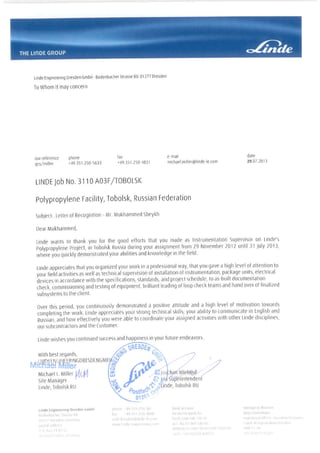 Letter of Recognition from Linde (PP project)