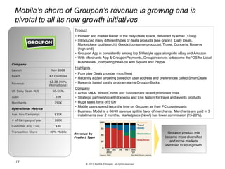 © 2013 Karthik Ethirajan, all rights reserved
11
Mobile’s share of Groupon’s revenue is growing and is
pivotal to all its new growth initiatives
Revenue by
Product Type
Company
Launch Nov 2008
Reach 47 countries
Revenue
$2.3B (40%
international)
US Daily Deals M/S 50-55%
Subs 35M
Merchants 250K
Operational Metrics
Ave. Rev/Campaign $11K
# of Campaigns/year 160K
Customer Acq. Cost $30
Transaction Share 40% Mobile
Product
• Pioneer and market leader in the daily deals space, delivered by email (1/day)
• Introduced many different types of deals products (see graph): Daily Deals,
Marketplace (pull/search), Goods (consumer products), Travel, Concerts, Reserve
(high-end)
• Groupon App is consistently among top 5 lifestyle apps alongside eBay and Amazon
• With Merchants App & GrouponPayments, Groupon strives to become the “OS for Local
Businesses”, competing head-on with Square and Paypal
Highlights
• Pure play Deals provider (no offers)
• Recently added targeting based on user address and preferences called SmartDeals
• Rewards based loyalty program earns GrouponBucks
Company
• Active M&A. BreadCrumb and Savored are recent prominent ones.
• Strategic partnership with Expedia and Live Nation for travel and events products
• Huge sales force of 5100
• Mobile users spend twice the time on Groupon as their PC counterparts
• Business Model is a 60/40 revenue split in favor of merchants. Merchants are paid in 3
installments over 2 months. Marketplace (Now!) has lower commission (15-20%).
Groupon product mix
became more diversified
and niche markets
identified to spur growth
 