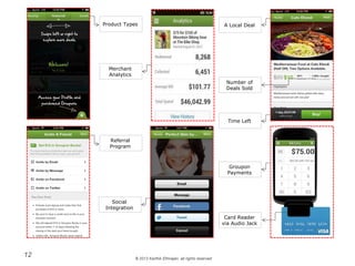 © 2013 Karthik Ethirajan, all rights reserved
12
Product Types
Merchant
Analytics
Groupon
Payments
A Local Deal
Number of
Deals Sold
Time Left
Card Reader
via Audio Jack
Referral
Program
Social
Integration
 