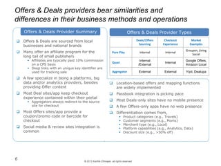© 2013 Karthik Ethirajan, all rights reserved
Offers & Deals providers bear similarities and
differences in their business methods and operations
6
 Location-based offers and mapping functions
are widely implemented
 Passbook integration is picking pace
 Most Deals-only sites have no mobile presence
 A few Offers-only apps have no web presence
 Differentiation comes from,
 Product categories (e.g., Travels)
 Customer segments (e.g., Moms)
 Merchant type (e.g., Local)
 Platform capabilities (e.g., Analytics, Data)
 Discount size (e.g., >50% off)
Deals/Offers
Sourcing
Checkout
Experience
Market
Examples
Pure Play Internal Internal
Groupon, Living
Social
Quasi
Internal
/External
Internal
Google Offers,
Amazon Local
Aggregator External External Yipit, Dealupa
Offers & Deals Provider Types
 Offers & Deals are sourced from local
businesses and national brands
 Many offer an affiliate program for the
long tail of small publishers
 Affiliates are typically paid 10% commission
on a CPS basis
 Deep links with an unique key identifier are
used for tracking sale
 A few specialize in being a platforms, big
data and/or analytics providers, besides
providing Offer content
 Most Deal sites/app keep checkout
experience contained within their portal
 Aggregators always redirect to the source
site for checkout
 Most Offers sites/app provide a
coupon/promo code or barcode for
checkout
 Social media & review sites integration is
common
Offers & Deals Provider Summary
 