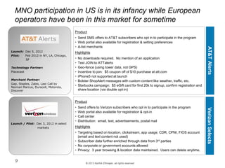 © 2013 Karthik Ethirajan, all rights reserved
9
MNO participation in US is in its infancy while European
operators have been in this market for sometime
Product
• Send SMS offers to AT&T subscribers who opt in to participate in the program
• Web portal also available for registration & setting preferences
• A-list merchants
Highlights
• No downloads required. No mention of an application
• Text JOIN to ATTalerts
• Geo-fence (using tower data, not GPS)
• Incentive to join: $5 coupon off of $10 purchase at att.com
• iPhone5 not supported at launch
• Bolster ShopAlert messages with custom content like weather, traffic, etc.
• Starbucks campaign: $5 eGift card for first 20k to signup, confirm registration and
share location (via double opt-in)
Launch: Dec 5, 2012
Pilot: Feb 2012 in NY, LA, Chicago,
SF
Technology Partner:
Placecast
Merchant Partner:
Gap, Staples, Zales, Last Call by
Neiman Marcus, Duracell, Motorola,
Discover
Product
• Send offers to Verizon subscribers who opt in to participate in the program
• Web portal also available for registration & opt-in
• Call center
• Distribution: email, text, advertisements, postal mail
Highlights
• Targeting based on location, clickstream, app usage, CDR, CPNI, FIOS account
(email and text content not used)
• Subscriber data further enriched through data from 3rd parties
• No corporate or government accounts allowed
• Privacy: 3 year browsing & location data maintained. Users can delete anytime.
Launch / Pilot: Dec 3, 2012 in select
markets
AT&TAlertsVerizonSelects
 
