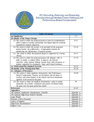 R3: Recruiting,Retaining,and Rewarding
Educatorsthrough MultipleCareer Pathways and
Performance-BasedCompensation
Table of Contents
(a) Significance 1-7
(b) Quality of the Project Design
(1) The extent to which the proposed project is part of a comprehensive
effort to improve teaching and learning and support rigorous academic
standards for students supported;
8-23
(2) The extent to which the services to be provided by the proposed
project involve the collaboration of appropriate partners for
maximizing the effectiveness of project services;
23-24
(3) The extent to which the proposed project is supported by a strong
theory;
24-27
(4) The extent to which the proposed project will integrate with or
build on similar or related efforts to improve the relevant
outcomes, using existing funding streams from other programs or
policies supported by community, State, and Federal resources.
27-29
(c) Professional Development Systems 29-32
(d) Quality of the Management Plan 32-38
(e) Adequacy of Resources
(1) The extent to which applicant demonstrates that Performance-
Based Compensation Systems are developed with the input of
teachers and school leaders in the schools and local educational
agencies to be served by the grant.
38-40
(2) The extent to which the applicant demonstrates a plan to sustain
financially the activities conducted and systems developed under
the grant once the grant period has ended.
40
References 41-45
Appendices
TIF Optional Application Requirements Checklist Appendix A
TIF Optional High-Need School Checklist Appendix B
Logic Model Appendix C
Resumes of Key Personnel Appendix D
Letters of Support Appendix E
High-Need Documentation Appendix F
Indirect Cost Appendix G
 
