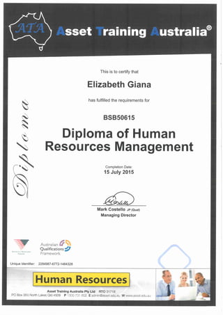 Elizabeth Giana - Diploma of Human Resources Management