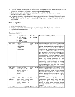 9. Technical reports, presentation and publications: analyzed qualitative and quantitative data for
inclusion in deliverables. Contributed to numerous manuals and guides;
10. Distance learning: developed electronic books, online tutorials and self-assessment tools;
11. BCC: developed educational games;
12. Program development and management: wrote substantial sections of successful proposals (BIMCP,
IMaD) and later monitor the quality of activities (training, supportive supervision, data collection
and analysis).
Areas of Expertise:
1. Child health and nutrition;
2. Infectious and tropical disease management, particularly malaria diagnosis and treatment;
3. Epidemiology and biostatistics
Employment record:
Period 1. Employing org.
2. Title/position
3. Project or Office
4. Donor
5. Type of funding
1. City
2. Country
Summary of activities performed
Oct 2012-
now
1. MCDI
2. Technical leader
3. MalariaCare
4. USAID
5. Subcontract
Silver Spring
USA
The technical leader liaises with PATH’s medical
director on (1) providing technical overseeing,
guiding, facilitating and coordinating the work of
field teams and consultants deployed by the
home office; (2) review deliverables before MCDI
sends them to PATH (3) contribute to strategic
and operational / work planning; (4) supervise
field activities to ensure they meet MCDI’s
quality standards; (5) monitor data quality as it is
received from the field; (6) assist with updating
global and national guidelines on case
management (prevention, diagnosis and
treatment); (7) write or contribute to technical
reports and other deliverables as needed,
conducting secondary analysis of MIS, DHS and
other survey and routine data
Aug 2007-
Dec 2012
1.MCDI, 2. Director,
(position had role of a
Technical Director), 3.
IMaD, 4. USAID, 5.
Contract
Silver Spring
USA
Liaised with PMI, CDC, WHO, NMCPs, USAID
missions and CDC resident advisors; made annual
workplans, produced annual and final reports,
backstopped country teams on technical topics,
assisted selected countries on specific activities
such as clinical training, managed home office’s
IMaD team
July 2002-
July 2008
1.MCDI, 2.Sr Health
Project Officer, 3. Home
Office/Int. Division, 4.
Mainly USAID, 5.
Contract
Silver Spring
USA
Backstopped Maternal and Child projects in
Mozambique, Bolivia, South Africa, Benin and
Madagascar. Backstopped a malaria control
project on Bioko Island, Equatorial Guinea,
including operations and epidemiological
research.
Feb 1991- 1. Proj.HOPE, Millwood VA, Assisted in the monitoring, technical support, and
 