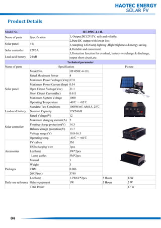04
Model No. HT-050C-4-11L
Name of parts Specification 1, Output:DC12V/5V, safe and reliable.
2,Pure DC output with lower loss
3,Adopting LED lamp lighting ,High brightness &energy saving.
4,Portable and convenient.
5,Protection function for overload, battery overcharge & discharge,
output short circuit,etc.
Solar panel 4W
Solar controller 12V5A
Lead-acid battery 24AH
Technical parameter
Name of parts Specification Picture
Solar panel
Model No. HT-050C-4-11L
Rated Maximum Power 4
Maximum Power Voltage (Vmp)17.8
Maximum Power Current (Imp) 0.54
Open Circuit Voltage(Voc) 21.1
Short Circuit Current(Isc) 0.611
Maximum System Voltage 1000
Operating Temperature -40℃～+85℃
Standard Test Conditions 1000W/m2
, AM1.5, 25℃
Lead-acid battery Nominal Capacity 12V24AH
Solar controller
Rated Voltage(V) 12
Maximum charging current(A) 5
Floating charge protection(V) 14.3
Balance charge protection(V) 13.7
Voltage range (V) 10.8-16.5
Operating temp. -40℃～+60℃
Accessories
PV cables 5M
USB charging wire 1pcs
Led lamp 3W*2pcs
Lamp cables 5M*2pcs
Manual 1
Packages
Weight 3
CBM 0.006
20'GP(set) 3740
Daily use reference
Led lamp 1.2W6V*2pcs 5 Hours 12W
Other equipment 1W 5 Hours 5 W
Total Power 17 W
HAOTEC ENERGY
Product Details
 