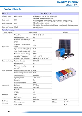 HAOTEC ENERGY
Model No. HT-HS10-12-RC
Name of parts Specification 1, Output:DC12V/5V, safe and reliable.
2,Pure DC output with lower loss
3,Adopting LED lamp lighting ,High brightness &energy saving.
4,Portable and convenient.
5,Protection function for overload, battery overcharge & discharge, output
short circuit,etc.
Solar panel 10W
Solar controller 12V3A
Lead-acid battery 12AH
Technical parameter
Name of parts Specification Picture
Solar panel
Model No. HT-HS10-12-RC
Rated Maximum Power 10
Maximum Power Voltage
(Vmp)
18
Maximum Power Current
(Imp)
0.56
Open Circuit Voltage(Voc) 21.24
Short Circuit Current(Isc) 0.611
Maximum System Voltage 1000
Operating Temperature -40℃～+85℃
Standard Test Conditions 1000W/m2
, AM1.5, 25℃
Lead-acid battery Nominal Capacity 12V12AH
Solar controller
Rated Voltage(V) 12
Maximum charging
current(A)
3
Floating charge protection(V) 14.4
Balance charge protection(V) 13.8
Voltage range (V) 10.8-16.5
Operating temp. -40℃～+60℃
Accessories
PV cables 5M
USB charging wire 1pcs
Led lamp 3W*2pcs
Lamp cables 5M*2pcs
Manual 1
Packages
Weight 6.9
CBM 0.014
20'GP(set) 1670
Daily use
reference
Led lamp 3W*2pcs 6 Hours 36 W
Other equipment 1W 5 Hours 5 W
Total Power 41 W
07
Product Details
 