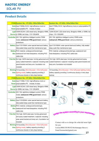 ITEMSSystem No.: HT-SSL-100w/300w/9m System No.: HT-SSL-120w/340w/10m
Solar
Panel:
2pcs*150Wp 35.5V, high-efficiency mono or
polycrystalline PV module, A-class
2pcs*170Wp 35.5V, high-efficiency mono or polycrystalline PV
module
Light
Source:
100W DC24V; LED street lamp, Bridgelux 45MIL
or 50MIL led chips, 110~120LM/W
120W DC24V; LED street lamp, Bridgelux 45MIL or 50MIL led
chips, 110~120LM/W
Controller:24V 15A, light/time intelligent control, PWM
mode; waterproof, IP66 guard level; various
protections
24V 15A, light/time intelligent control, PWM mode;
waterproof, IP66 guard level; various protections
Battery: 2pcs*12V150AH, solar special lead-acid battery,
fully sealed deep cycle free maintenance type
2pcs*12V180AH, solar special lead-acid battery, fully sealed
deep cycle free maintenance type
Battery
Box:
PVC material, underground-buried type,
waterproof and heat-dissipative; including PVC
cable tube
PVC material, underground-buried type, waterproof and
heat-dissipative; including PVC cable tube
Pole Set:9m high, Q235 steel pipe; hot-dip galvanized and
spray coated treatment, rustproof; including solar
panel bracket and lamp arm, foundation not
included
10m high, Q235 steel pipe; hot-dip galvanized and spray
coated treatment, rustproof; including solar panel bracket and
lamp arm, foundation not included
Working
time:
10 hours/day (5hrs full power + 5hrs half power
lighting mode), battery capacity providing 3
continuous cloudy or rainy days backup
10 hours/day (5hrs full power + 5hrs half power lighting mode),
battery capacity providing 3 continuous cloudy or rainy days
backup
ITEMSSystem No.: HT-SSL-150w/440w/10m
Solar
Panel:
4pcs*110Wp 17.5V, high-efficiency mono or
polycrystalline PV module, A-class
Light
Source:
150W DC24V; LED street lamp, Bridgelux 45MIL
or 50MIL led chips, 110~120LM/W
Controller:24V 15A, light/time intelligent control, PWM
mode; waterproof, IP66 guard level; various
protections
Battery: 2pcs*12V200AH, solar special lead-acid battery,
fully sealed deep cycle free maintenance type
Battery
Box:
PVC material, underground-buried type,
waterproof and heat-dissipative; including PVC
cable tube
Pole Set:10m high, Q235 steel pipe; hot-dip galvanized
and spray coated treatment, rustproof; including
solar panel bracket and lamp arm, foundation not
included
Working
time:
10 hours/day (5hrs full power + 5hrs half power
lighting mode), battery capacity providing 3
continuous cloudy or rainy days backup
HAOTEC ENERGY
Product Details
Contact with us to design the solar-led street light
for you:
Louisa:008613819019214(whatsapp,viber,et.)
Email:louisasolar@gmail.com
27
 