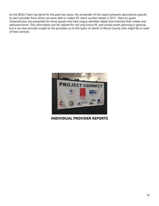 32
As the BGSU Team has done for the past two years, the remainder of this report presents descriptives specific
to each provider from whom we were able to collect PC client number labels in 2015. Data on guest
characteristics are presented for those guests who had unique identifier labels that matched their intake and
welcome forms. This information can be utilized for not only future PC and similar event planning in general,
but it can also provide insight to the providers as to the types of clients in Wood County who might be in need
of their services.
INDIVIDUAL PROVIDER REPORTS
 