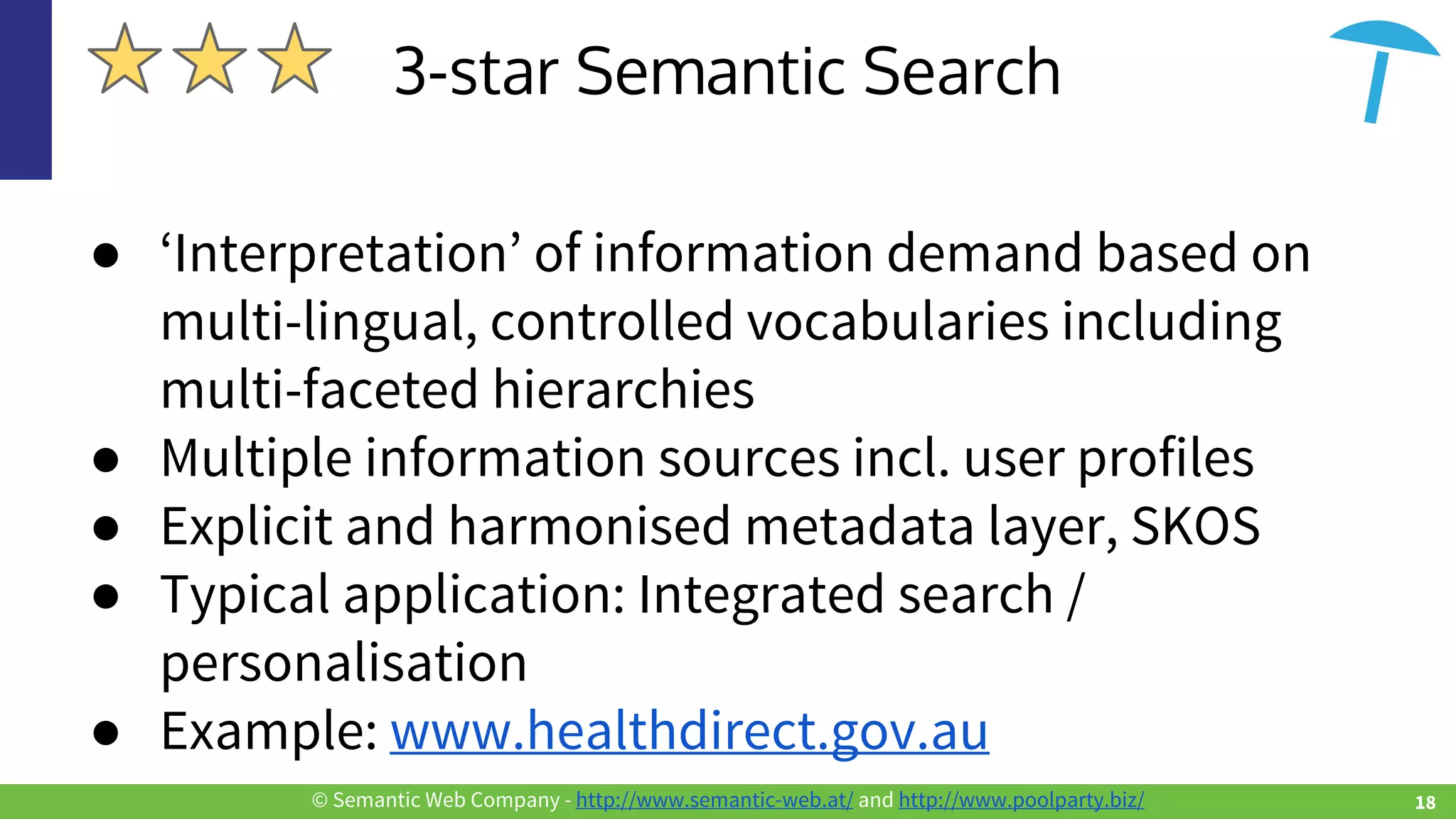 © Semantic Web Company - http://www.semantic-web.at/ and http://www.poolparty.biz/
● ‘Interpretation’ of information demand based on
multi-lingual, controlled vocabularies including
multi-faceted hierarchies
● Multiple information sources incl. user profiles
● Explicit and harmonised metadata layer, SKOS
● Typical application: Integrated search /
personalisation
● Example: www.healthdirect.gov.au
3-star Semantic Search
18
 