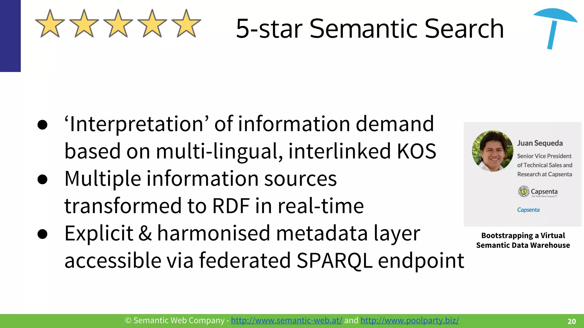 © Semantic Web Company - http://www.semantic-web.at/ and http://www.poolparty.biz/
● ‘Interpretation’ of information demand
based on multi-lingual, interlinked KOS
● Multiple information sources
transformed to RDF in real-time
● Explicit & harmonised metadata layer
accessible via federated SPARQL endpoint
5-star Semantic Search
20
Bootstrapping a Virtual
Semantic Data Warehouse
 