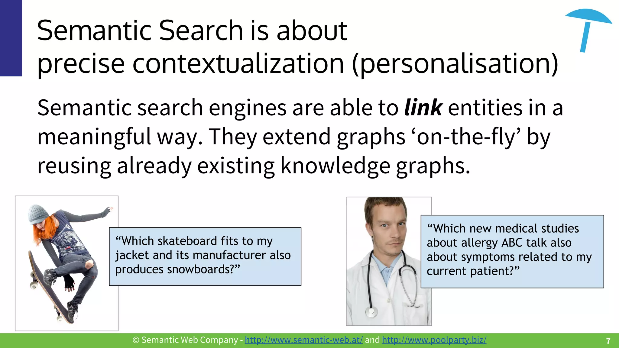 © Semantic Web Company - http://www.semantic-web.at/ and http://www.poolparty.biz/
Semantic Search is about
precise contextualization (personalisation)
Semantic search engines are able to link entities in a
meaningful way. They extend graphs ‘on-the-fly’ by
reusing already existing knowledge graphs.
“Which skateboard fits to my
jacket and its manufacturer also
produces snowboards?”
“Which new medical studies
about allergy ABC talk also
about symptoms related to my
current patient?”
7
 