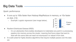 Big Data Tools
Spark: performance
● It runs up to 100x faster than Hadoop MapReduce in memory, or 10x faster
on disk. [13]
○ Example: Logistic regression (see image below).
● Resilient Distributed Dataset (RDD)
○ It is an abstraction that enables developers to materialize any point in a processing
pipeline into memory across the cluster, meaning that future steps that want to
deal with the same data set need not recompute it or reload it from disk.
● It is well suited for highly iterative algorithms that require multiple passes over the data
set.
 
