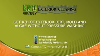 GET RID OF EXTERIOR DIRT, MOLD AND
ALGAE WITHOUT PRESSURE WASHING
www.EcoFP.net
info@ecofp.net
Eco Friendly Products, LLC
Cypress, TX • (713) 505-0638
 