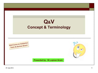 07 July 2012 1
Q&V
Concept & Terminology
Well Come to Validation 
Team & Review Board 
Presented by: M Luqman Ikram
 