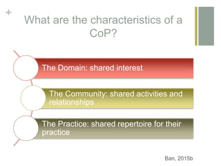 +
What are the characteristics of a
CoP?
The Domain: shared interest
The Community: shared activities and
relationships
The Practice: shared repertoire for their
practice
Ban, 2015b
 