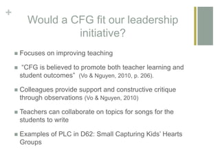 +
Would a CFG fit our leadership
initiative?
 Focuses on improving teaching
 “CFG is believed to promote both teacher learning and
student outcomes” (Vo & Nguyen, 2010, p. 206).
 Colleagues provide support and constructive critique
through observations (Vo & Nguyen, 2010)
 Teachers can collaborate on topics for songs for the
students to write
 Examples of PLC in D62: Small Capturing Kids’ Hearts
Groups
 