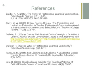 +
References
Brodie, K. K. (2013). The Power of Professional Learning Communities.
Education As Change, 17(1), 5-18.
doi:10.1080/16823206.2013.773929
Curry, M. W. (2008). Critical Friends Groups: The Possibilities and
Limitations Embedded in Teacher Professional Communities Aimed
at Instructional Improvement and School Reform. Teachers College
Record, 110(4), 733-774.
DuFour, R. (2004a). Culture Shift Doesn't Occur Overnight – Or Without
Conflict. Journal of Staff Development, 25(4), 63-64. Retrieved from
http://ezproxy.ace.edu/login?url=http://search.proquest.com/docview
/211519167?accountid=31683
DuFour, R. (2004b). What is ‘Professional Learning Community’?
Educational Leadership, (8)6, 6-11.
Fahey, K. M. (2011). Still Learning about Leading: A Leadership Critical
Friends Group. Journal Of Research On Leadership Education,
6(1), 1-35.
Law, B. (2005). Creating Moral Schools: The Enabling Potential of
Critical Friends Groups. Educational Horizons, 84(1), 53-57.
 
