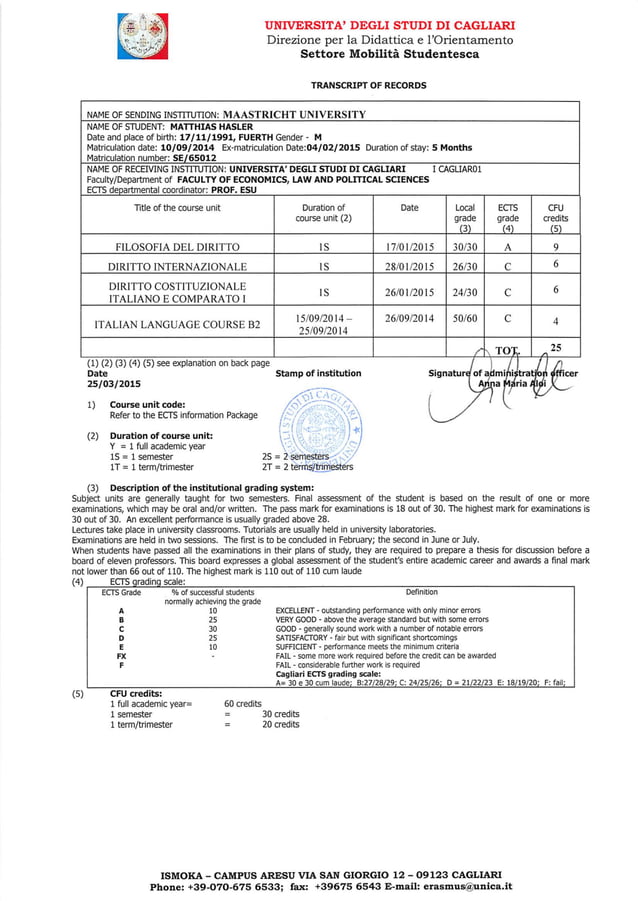 Transcript of Records (Cagliari university) | PDF