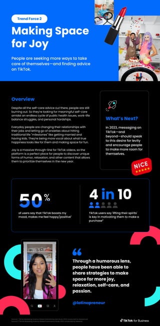 Trend Force 2
Making Space
for Joy
People are seeking more ways to take
care of themselves—and finding advice
on TikTok.
Despite all the self-care advice out there, people are still
burning out. So they're looking for meaningful self-care
amidst an endless cycle of public health issues, work-life
balance struggles, and personal hardships.
Everyday people are changing their relationships with
their jobs and letting go of anxieties about hitting
traditional life "milestones" like getting married and
having kids. They're being more vocal about what true
happiness looks like for them and making space for fun.
Joy is a massive through-line for TikTok videos, so the
platform is a perfect place for people to discover unique
forms of humor, relaxation, and other content that allows
them to prioritize themselves in the new year.
Overview
of users say that TikTok boosts my
mood, makes me feel happy/positive1
TikTok users say 'lifting their spirits'
is key in motivating them to make a
purchase2
4 in 10
In 2023, messaging on
TikTok—and
beyond—should speak
to this desire for levity
and encourage people
to make more room for
themselves.
What’s Next?
Through a humorous lens,
people have been able to
share strategies to make
space for more joy,
relaxation, self-care, and
passion.
@latinapreneur
Source 1: TikTok Marketing Science Global Entertaining Ads Study 2022 conducted by Marketcast
Source 2: TikTok Marketing Science Global Ecommerce Study 2022 conducted by Material
 