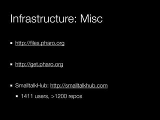 Infrastructure: Misc
http://ﬁles.pharo.org
!
http://get.pharo.org
!
SmalltalkHub: http://smalltalkhub.com
1411 users, >1200 repos
 
