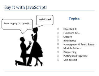 love.apply(i,[you]);
undefined
Say	it	with	JavaScript!		
Topics:
Objects & C.
Functions & C.
Closure
Inheritance
Namespaces & Temp Scope
Module Pattern
Dispatching
Putting it all together
Unit Testing
 