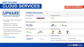 99
• Cloud-based software marketplace with
user ratings
• Manage hosted services and
applications from a single login
• Many free apps and free trials available
• Comcast Business Cloud Desk
provides advice and recommendations
• Flexible and scalable for growing
businesses
• Visit our Upware Website
CLOUD SERVICES
BEST IN CLASS
UPWARE APPLICATIONS
Online Back-Up IT Support Services
Electronic Signature Collaboration & File Management
Web Conferencing Security & Anti-Virus
Marketing Comcast Business
Business VoiceEdge™
Norton™ Internet Security Online
Website Hosting
Hosted Microsoft® Exchange
WATCH THE VIDEO
 