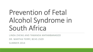 Prevention of Fetal
Alcohol Syndrome in
South Africa
LINDA ZHENG AND TAWANDA MATAMBANADZO
DR. MARTHA TERRY, BCHS 2509
SUMMER 2014
 