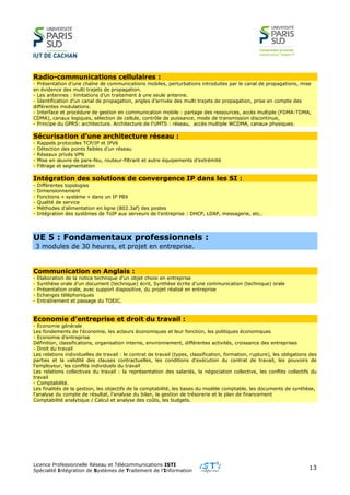 Licence Professionnelle Réseau et Télécommunications ISTI
Spécialité Intégration de Systèmes de Traitement de l’Information
13
Radio-communications cellulaires :
- Présentation d’une chaîne de communications mobiles, perturbations introduites par le canal de propagations, mise
en évidence des multi trajets de propagation.
- Les antennes : limitations d’un traitement à une seule antenne.
- Identification d’un canal de propagation, angles d’arrivée des multi trajets de propagation, prise en compte des
différentes modulations.
- Interface et procédure de gestion en communication mobile : partage des ressources, accès multiple (FDMA-TDMA,
CDMA), canaux logiques, sélection de cellule, contrôle de puissance, mode de transmission discontinue,
- Principe du GPRS: architecture. Architecture de l'UMTS : réseau, accès multiple WCDMA, canaux physiques.
Sécurisation d’une architecture réseau :
- Rappels protocoles TCP/IP et IPV6
- Détection des points faibles d’un réseau
- Réseaux privés VPN
- Mise en œuvre de pare-feu, routeur-filtrant et autre équipements d’extrémité
- Filtrage et segmentation
Intégration des solutions de convergence IP dans les SI :
- Différentes topologies
- Dimensionnement
- Fonctions « système » dans un IP PBX
- Qualité de service
- Méthodes d’alimentation en ligne (802.3af) des postes
- Intégration des systèmes de ToIP aux serveurs de l’entreprise : DHCP, LDAP, messagerie, etc..
UE 5 : Fondamentaux professionnels :
3 modules de 30 heures, et projet en entreprise.
Communication en Anglais :
- Elaboration de la notice technique d’un objet choisi en entreprise
- Synthèse orale d’un document (technique) écrit, Synthèse écrite d’une communication (technique) orale
- Présentation orale, avec support diapositive, du projet réalisé en entreprise
- Echanges téléphoniques
- Entraînement et passage du TOEIC.
Economie d’entreprise et droit du travail :
- Economie générale
Les fondements de l'économie, les acteurs économiques et leur fonction, les politiques économiques
- Economie d’entreprise
Définition, classifications, organisation interne, environnement, différentes activités, croissance des entreprises
- Droit du travail
Les relations individuelles de travail : le contrat de travail (types, classification, formation, rupture), les obligations des
parties et la validité des clauses contractuelles, les conditions d'exécution du contrat de travail, les pouvoirs de
l'employeur, les conflits individuels du travail
Les relations collectives du travail : la représentation des salariés, la négociation collective, les conflits collectifs du
travail
- Comptabilité.
Les finalités de la gestion, les objectifs de la comptabilité, les bases du modèle comptable, les documents de synthèse,
l'analyse du compte de résultat, l'analyse du bilan, la gestion de trésorerie et le plan de financement
Comptabilité analytique / Calcul et analyse des coûts, les budgets.
 