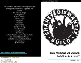sonia + smith
HUMBOLDT STATE UNIVERSITY
2016 STUDENT OF COLOR
LEADERSHIP SUMMIT
Keynote Speakers
OCTOBER 1, 2016
2016 STUDENT OF COLOR LEADERSHIP SUMMIT
We would like to thank the following individuals
and organizations for their support of this
Summit:
Dr. Steve St. Onge
Dr. Peg Blake
Dr. John Johnson
Jessica Larson
Amy Conlin
Tina Okoye
Adrian Romo
Candace Young
Dani Dickerson
Henry Solares
HSU Catering
Michelle Webster and the HSU Bookstore
Kim Tran and Darren Arquero
and all of our workshop facilitators
 and volunteers.
THANK YOU!
 