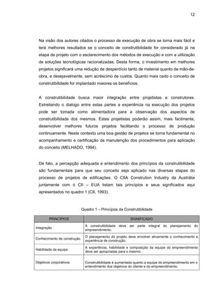 12
Na visão dos autores citados o processo de execução de obra se torna mais fácil e
terá melhores resultados se o conceito de construtibilidade for considerado já na
etapa de projeto com o esclarecimento dos métodos de execução e com a utilização
de soluções tecnológicas racionalizadas. Desta forma, o investimento em melhores
projetos significará uma redução de desperdício tanto de material quanto de mão-de-
obra, e desejavelmente, sem acréscimo de custos. Quanto mais cedo o conceito de
construtibilidade for implantado maiores os benefícios.
A construtibilidade busca maior integração entre projetistas e construtores.
Estreitando o dialogo entre estas partes a experiência na execução dos projetos
pode ser tomada como alimentadora para a observação dos aspectos de
construtibilidade dos mesmos. Estes projetistas poderão assim, mais facilmente,
desenvolver melhores futuros projetos facilitando o processo de produção
continuamente. Neste contexto uma boa gestão de projetos se torna fundamental no
acompanhamento e certificação da manutenção dos procedimentos para aplicação
do conceito (MELHADO, 1994).
De fato, a percepção adequada e entendimento dos princípios da construtibilidade
são fundamentais para que seu conceito seja aplicado nas diversas etapas do
processo de projetos de edificações. O CIIA Constrution Industry da Austrália
juntamente com o CII – EUA listam tais princípios e seus significados aqui
apresentados no quadro 1 (CII, 1993).
Quadro 1 – Princípios da Construtibilidade
PRINCÍPIOS SIGNIFICADO
Integração
A construtibilidade deve ser parte integral do planejamento do
empreendimento.
Conhecimento de construção
O planejamento do projeto deve envolver ativamente o conhecimento e
experiência de construção.
Habilidade da equipe
A experiência, habilidade e composição da equipe do empreendimento
deve ser apropriadas para o mesmo.
Objetivos corporativos Construtibilidade é aumentada quanto a equipe do empreendimento em o
entendimento dos objetivos do cliente e do empreendimento.
 