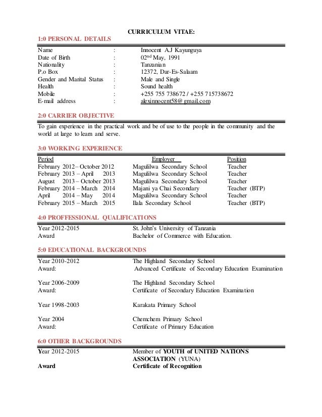 CURRICULUM VITAE FOR INNOCENT KAYUNGUYA